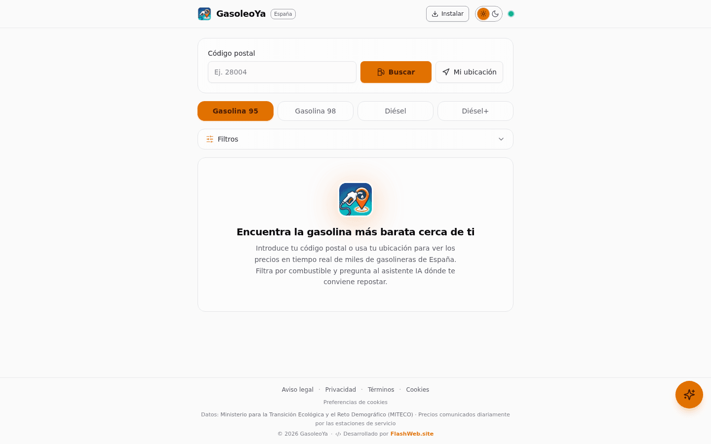 Captura de la interfaz de GasoleoYa con el buscador de gasolineras por código postal