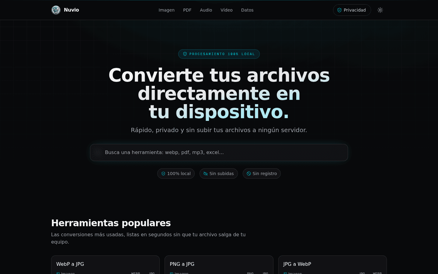 Captura de la portada de Nuvio con el buscador de herramientas de conversión de archivos